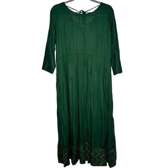 GoSriki Green Boho Maxi Dress With Tassel Tie Neck & Embroidered Hem - Size L - Picture 3 of 12